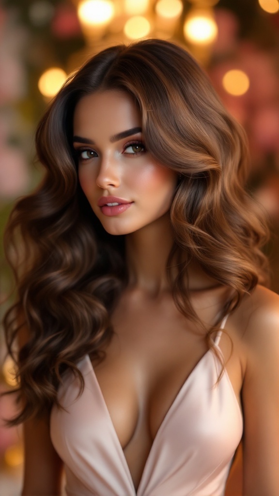 A woman with glamorous waves in her hair, wearing a V neck dress, smiling elegantly.