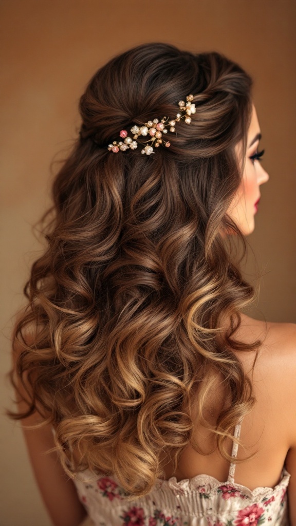 Long hair styled in glamorous vintage curls with a floral accessory.