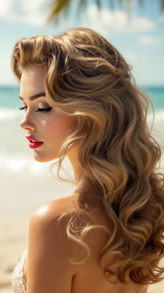 A woman with glamorous vintage pin-up hairstyle, featuring soft waves and a bright red lip, set against a beach backdrop.