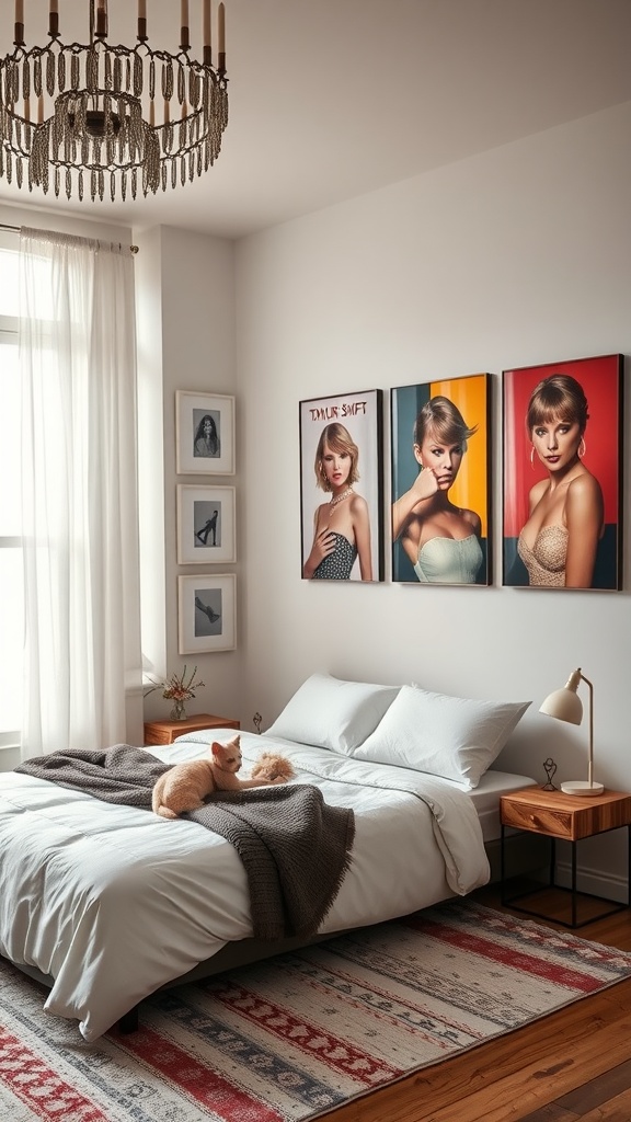 A cozy bedroom featuring three glamorous wall art pieces of Taylor Swift on the wall, a neatly made bed, and a cute cat lounging on the bed.