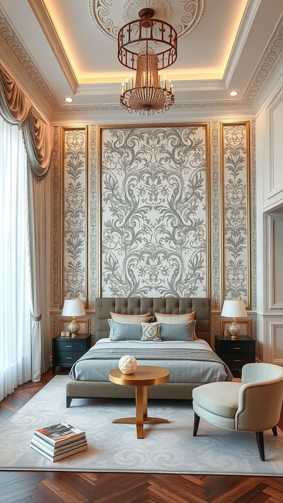 A luxurious bedroom featuring elegant wall treatments with floral patterns, a plush bed, and a stylish chandelier.
