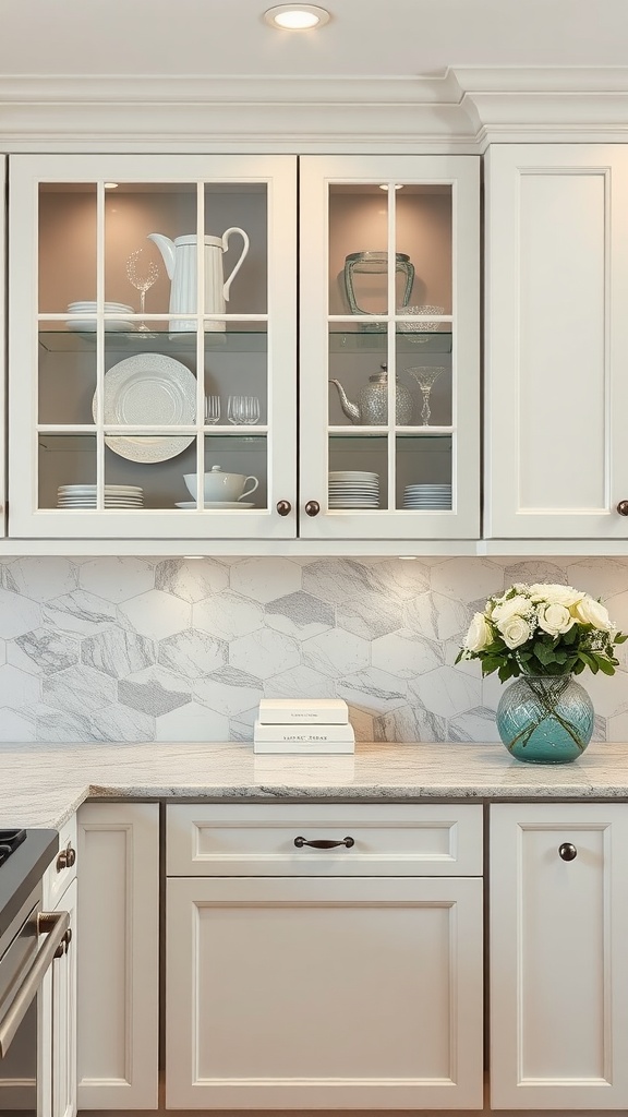 A kitchen featuring glass-front cabinetry filled with white dishware and decorative items, complemented by a marble countertop and a vase of flowers.