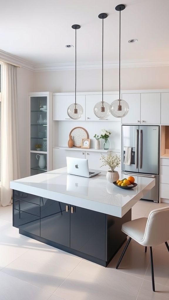 A modern kitchen with a glass-top island, dark cabinetry, and pendant lighting.