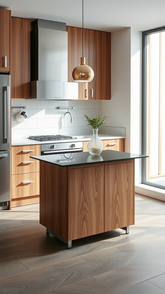 A modern kitchen with a glass-top island, wooden cabinets, and a pendant light.