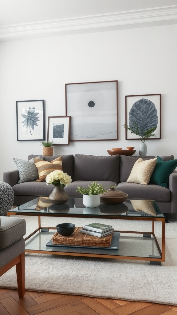 A living room featuring a glass and metal coffee table, with a cozy couch and decorative elements.