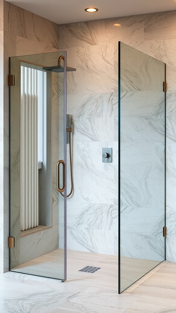 A modern shower featuring a glass door and stone walls, creating a sleek and luxurious design.