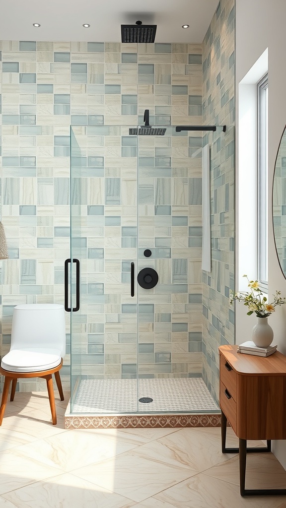 A modern shower featuring a glass enclosure and a mix of textured tiles in light colors.