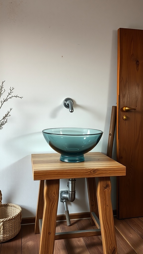 A glass bowl sink on a wooden stand in a rustic bathroom setting.