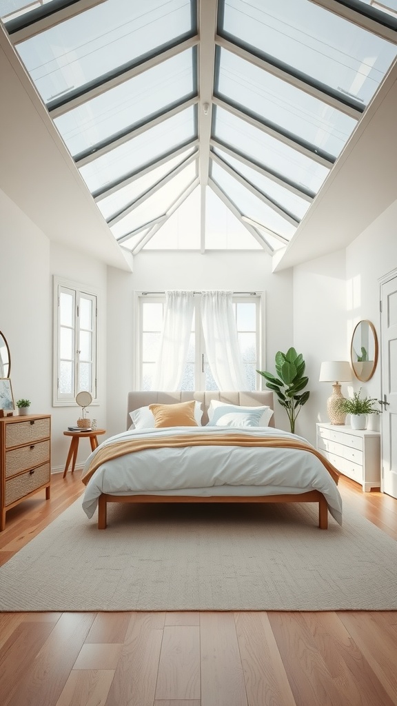 A modern bedroom with a glass ceiling, featuring a cozy bed, light-colored decor, and natural light streaming in.