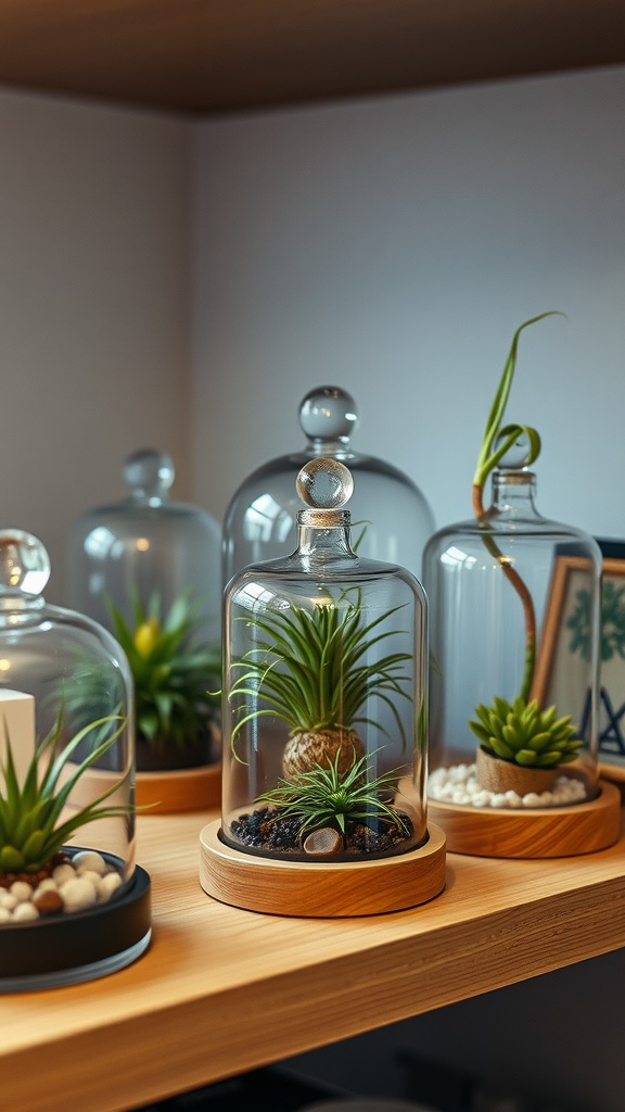 Air plants displayed under glass domes on a wooden shelf.