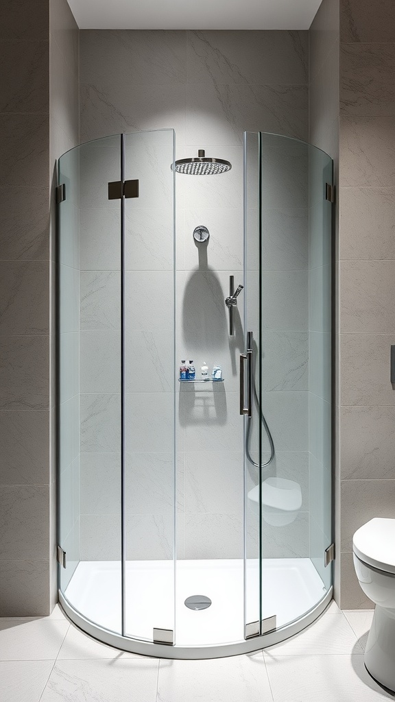 A modern glass enclosure shower with a curved design, featuring a sleek showerhead and minimalist fixtures.