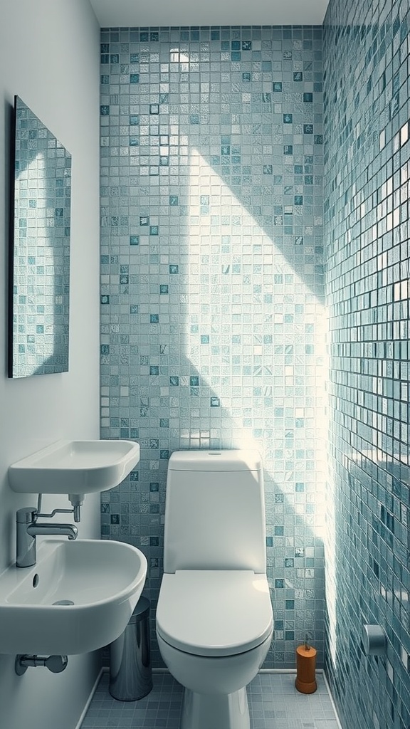 Small bathroom featuring blue glass mosaic tiles on the walls