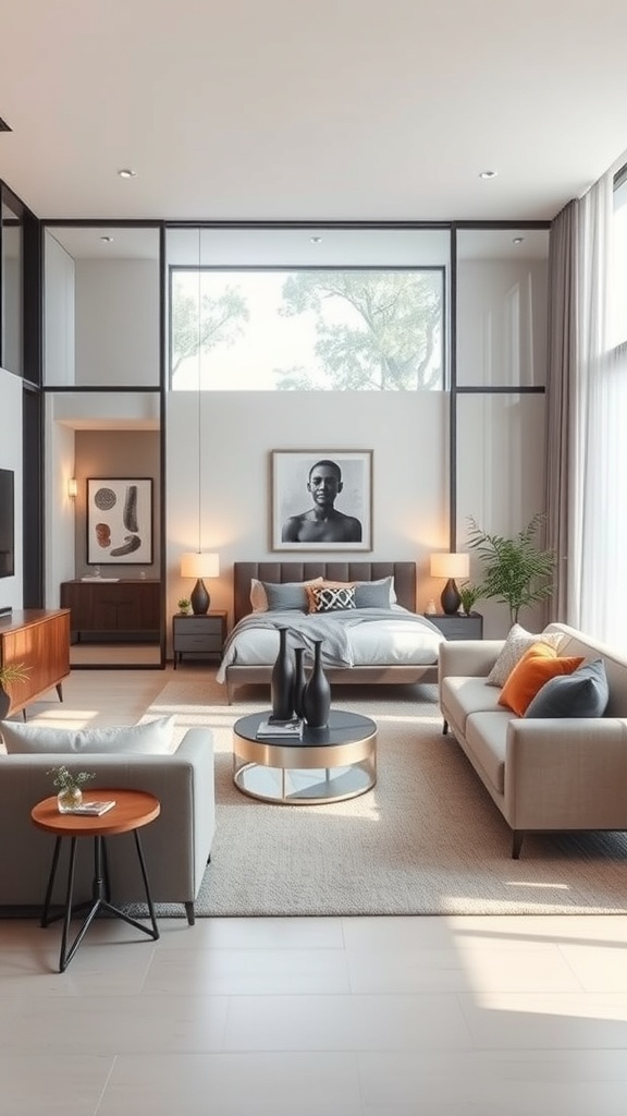 A modern living room with glass panels separating the bedroom area, showcasing a stylish and open design.