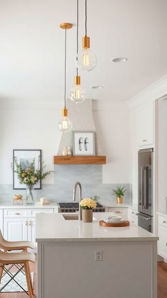 Three glass pendant lights with golden accents hanging over a kitchen island.
