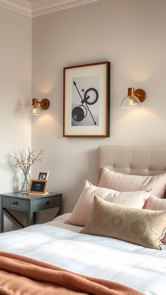 Two glass shade sconces on bedroom wall illuminating the space, with a cozy bed and decorative elements.