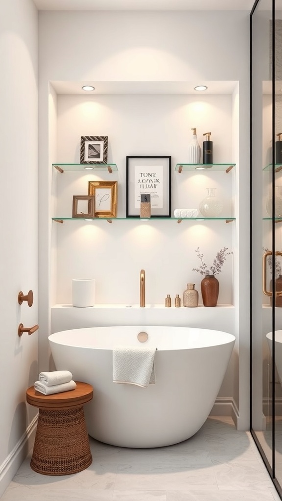A modern bathroom niche featuring glass shelves with decorative items and a stylish bathtub.