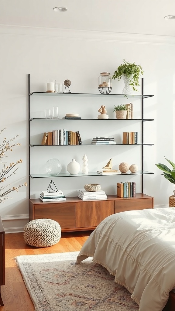 A modern living room featuring a glass shelving unit with books, decorative items, and plants.