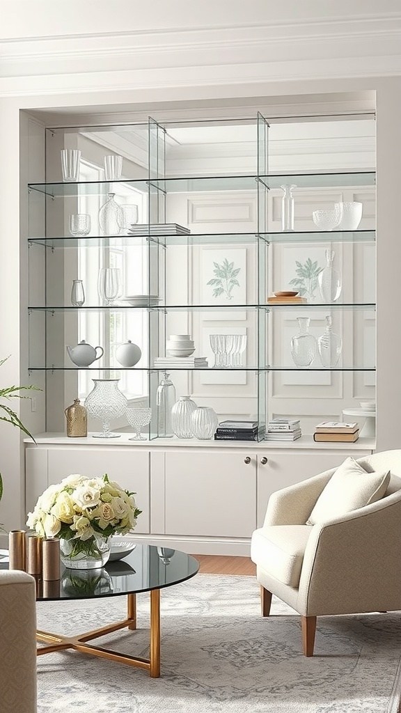 A stylish living room featuring glass shelves adorned with decorative vases and books, complementing a cozy seating area.