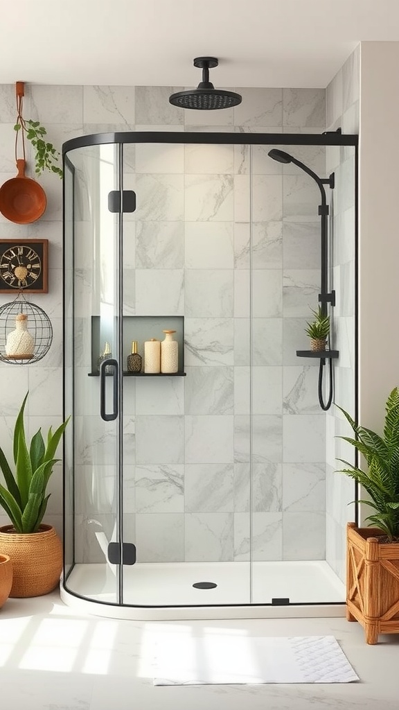 A modern glass shower enclosure in a rustic bathroom with marble tiles and plants.