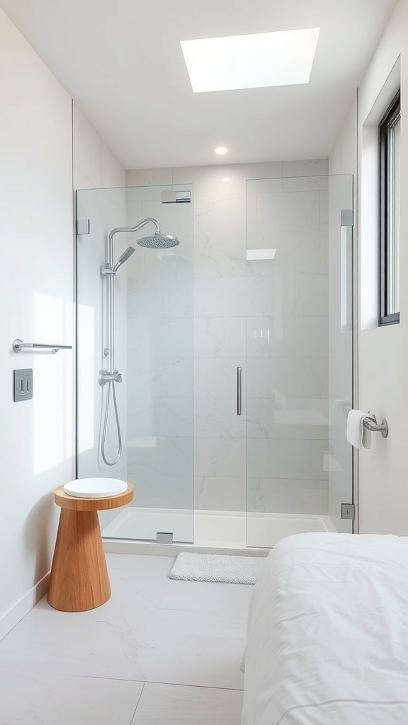 Modern bathroom featuring a glass shower enclosure with a minimalist design.