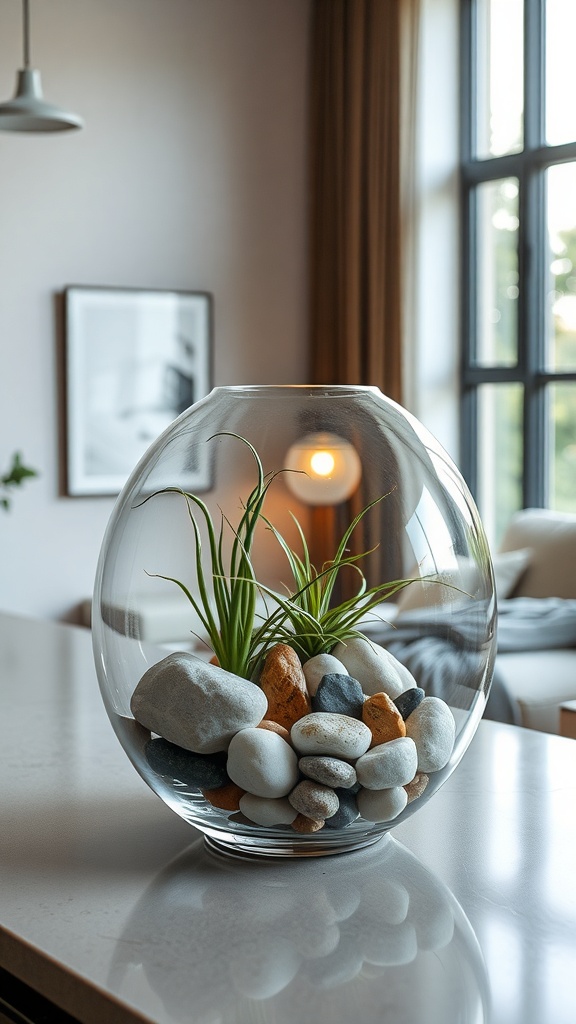 A glass terrarium with air plants and decorative stones on a kitchen island.