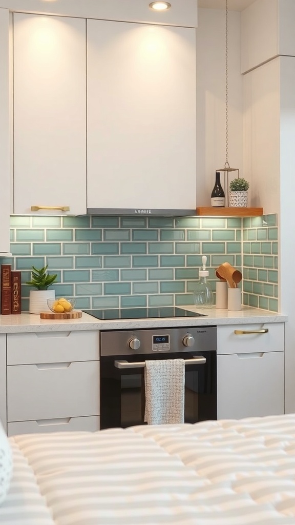 A modern kitchen with light blue glass tile backsplash, white cabinets, and a sleek stove.