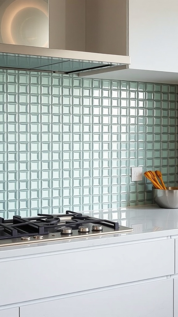 Kitchen backsplash featuring textured glass tiles in mint color.