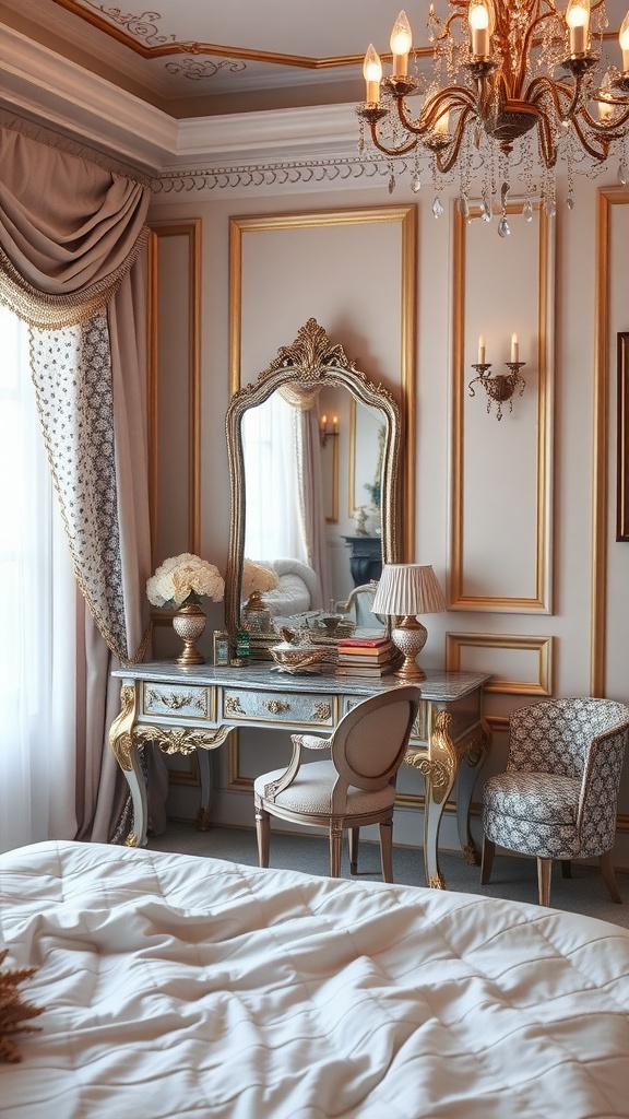 A beautifully styled bedroom featuring gold accents, elegant furniture, and a chandelier, creating a glitter and glam aesthetic.