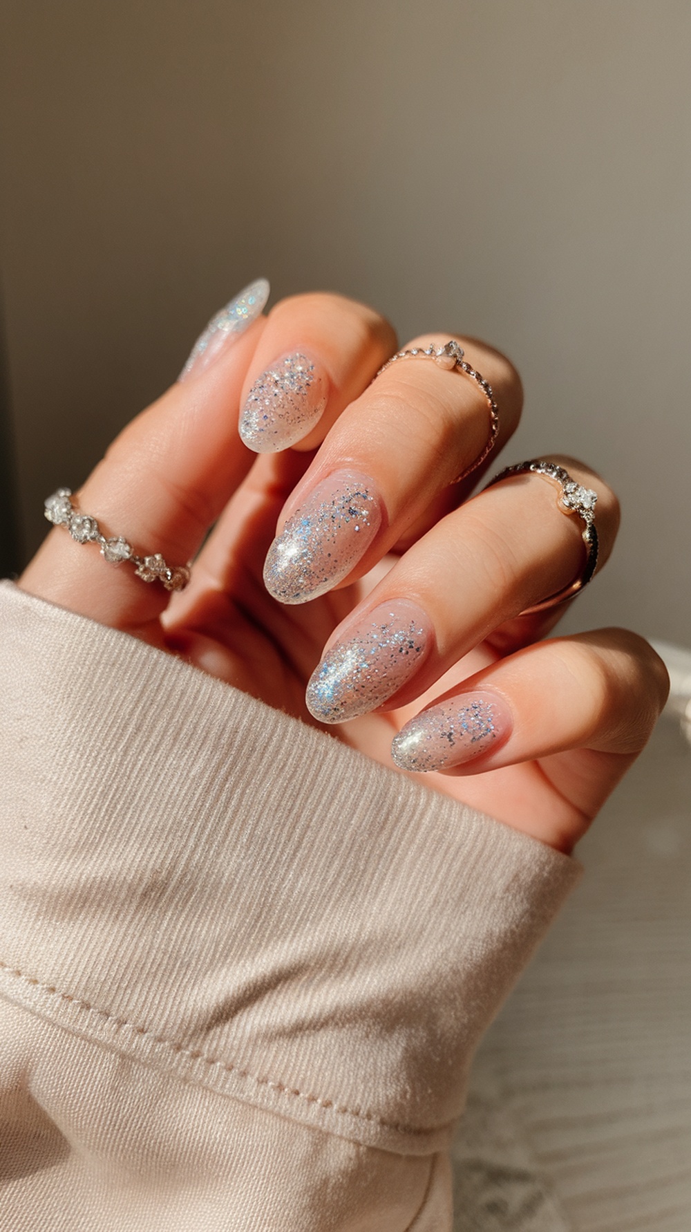Close-up of hands with glittery nails and rings, showcasing a summer nail design.