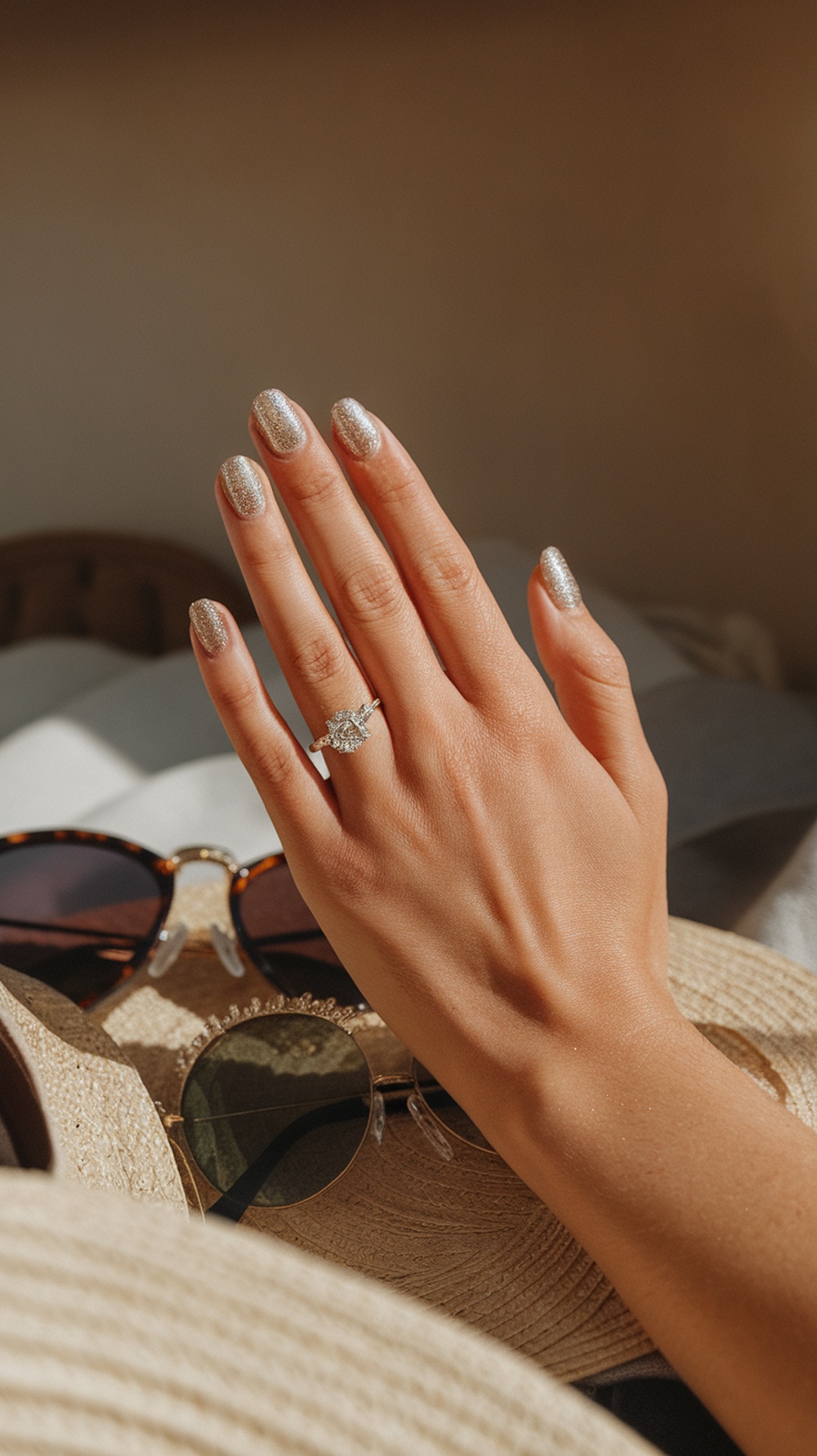 A hand with silver glitter nails, wearing a ring, with sunglasses and a straw hat in the background.