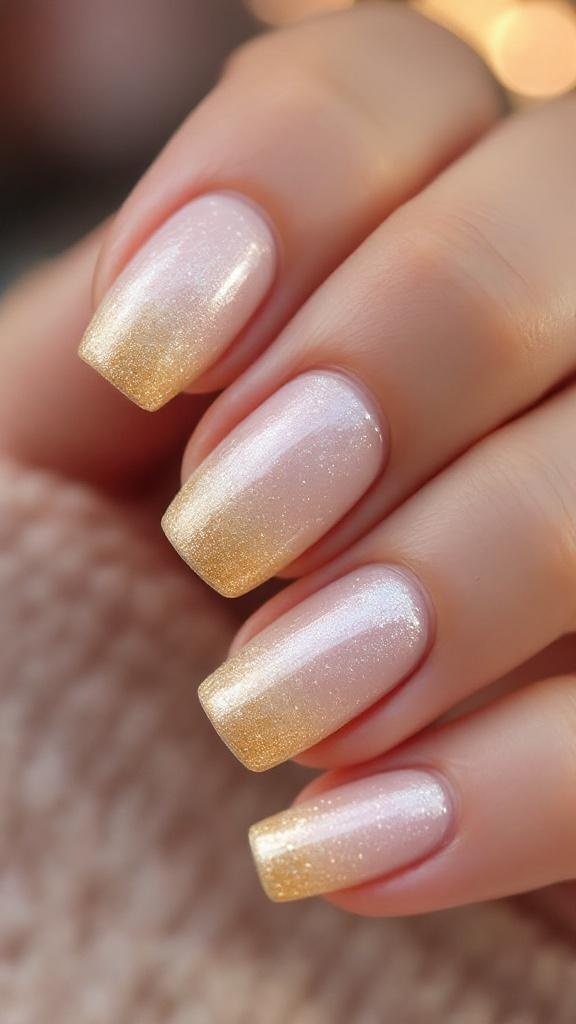 Short nails with a gold glitter gradient design