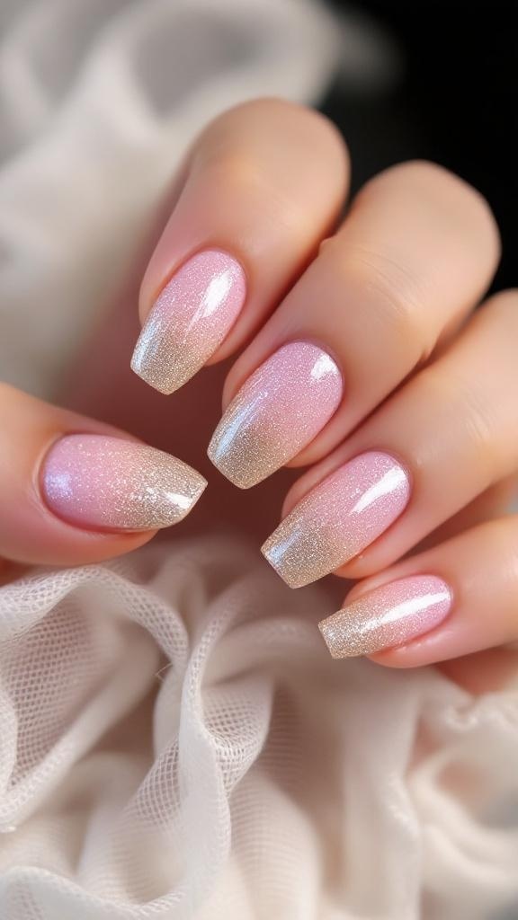 Close-up of a woman's hand showcasing beautifully designed ombre nails with pink and gold colors, adorned with gems, set against a cozy home background.
