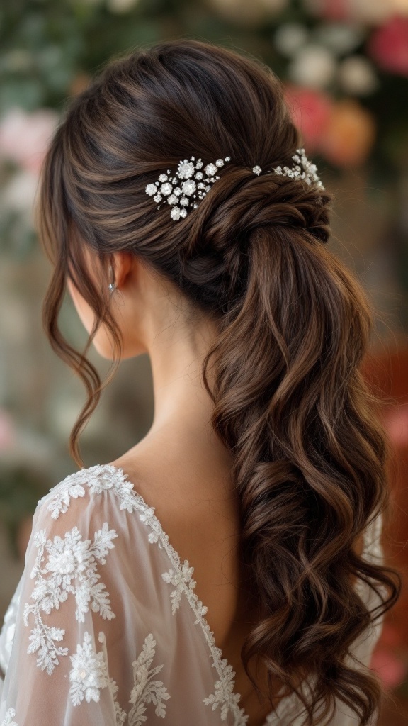A close-up of a woman's hair styled in a half-up ponytail with sparkling hairpins