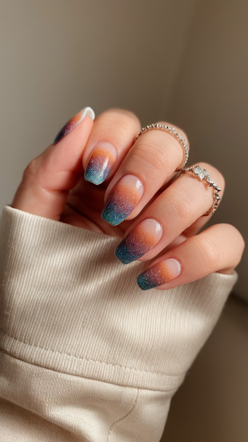 Nails featuring a gradient design from orange to teal with glitter, resembling a tropical sunset.