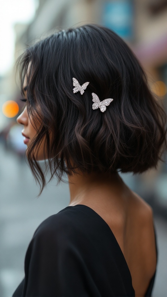 A woman with a stylish bob hairstyle adorned with glittery butterfly clips.