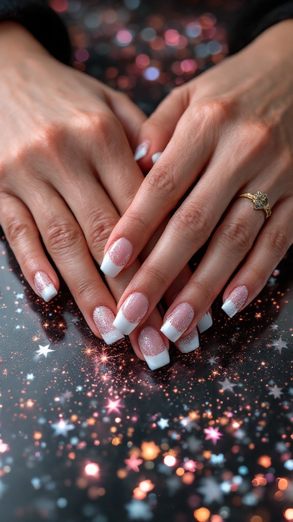 Elegant hands displaying glittery French tip nails with a pink base and white tips on a sparkling background.