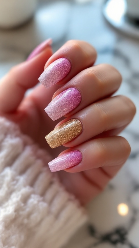 A close-up of a hand with glittery ombré nails transitioning from pink to gold on a marble surface.
