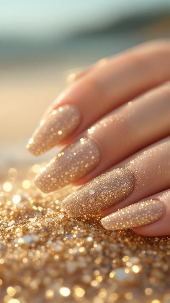 Nails with a glittery sand dune effect featuring gold glitter, white and blue accents on a nude base.