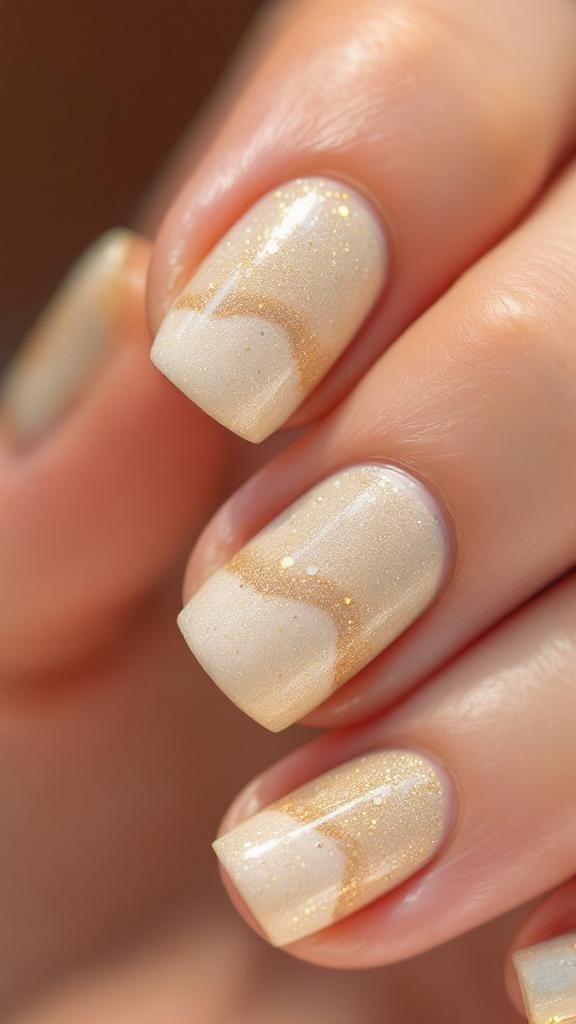 Nails with a glittery sand dune effect, featuring gold and beige tones.