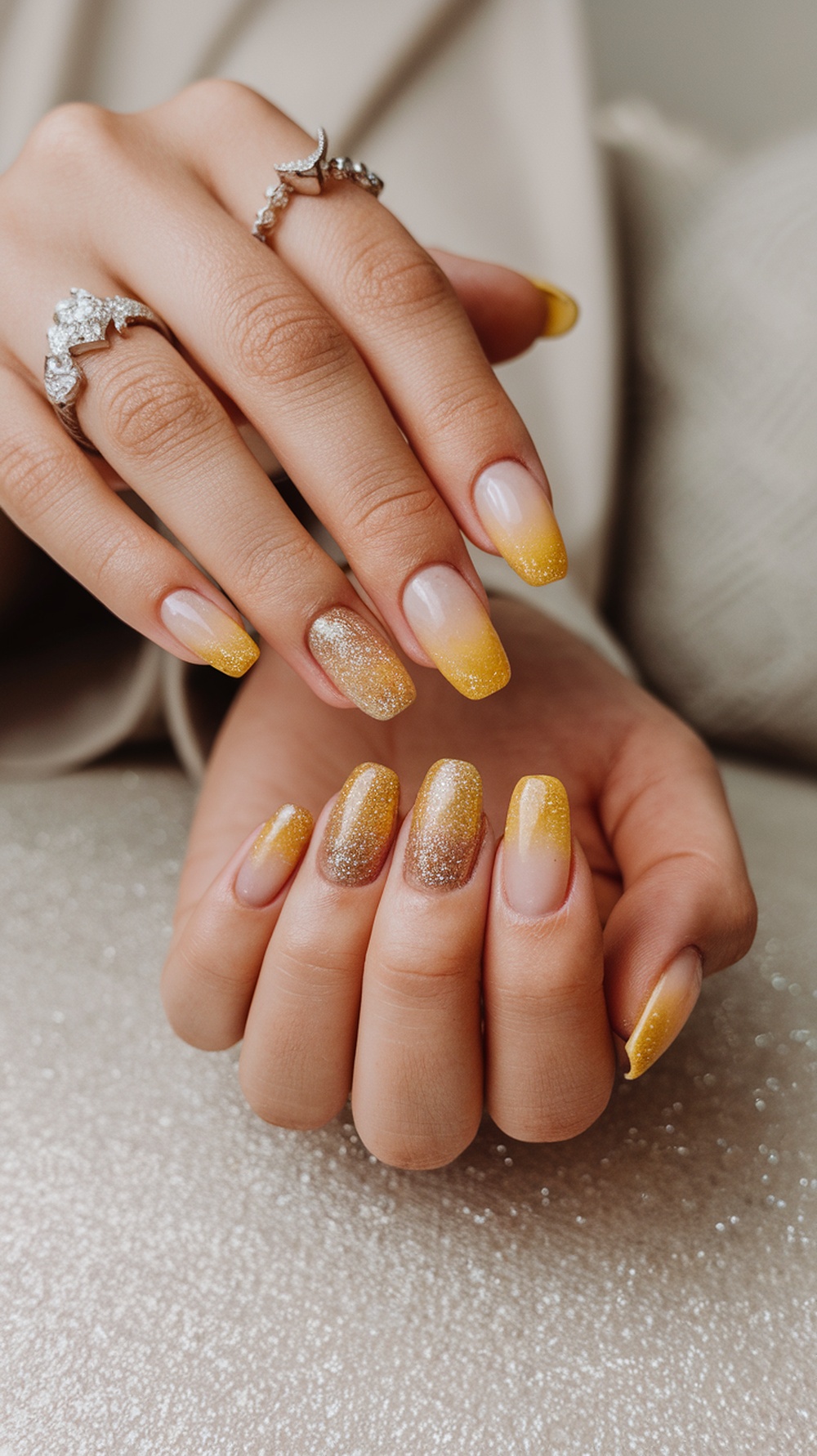 Close-up of hands with glittery sunflower ombre nails, featuring yellow tips and a nude base.