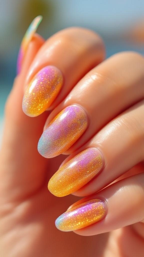 A close-up of almond-shaped nails with a glittery sunset design, adorned with delicate rings.