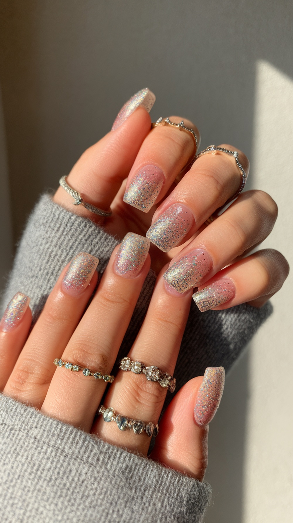 Close-up of glittery sunset square nails with rings, showcasing a soft pink and shimmering glitter design.