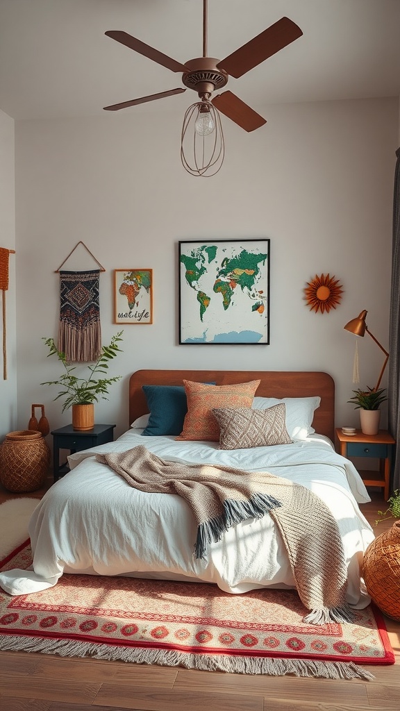 A cozy boho bedroom featuring a world map, textured pillows, and plants.