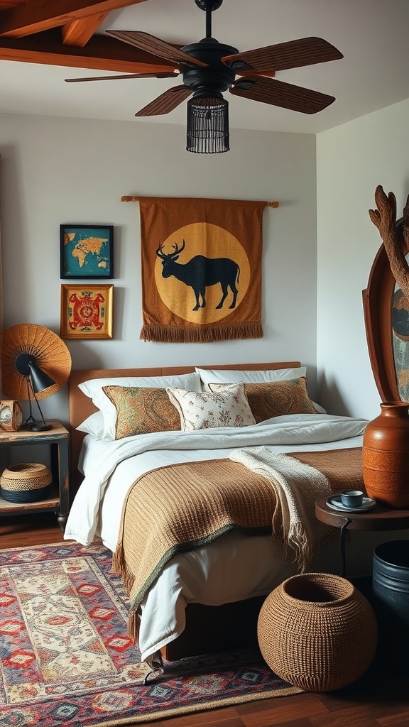 A warm and inviting men's bedroom featuring a moose wall hanging, layered bedding, and cultural decorative elements.