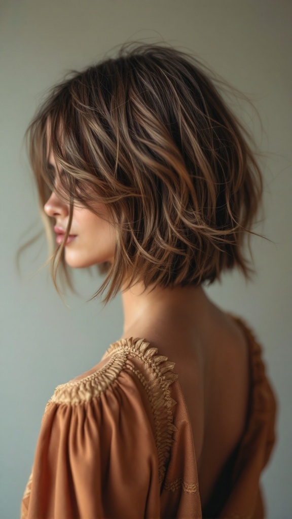 A woman with a messy bob hairstyle, featuring soft waves and highlights, wearing a stylish outfit.