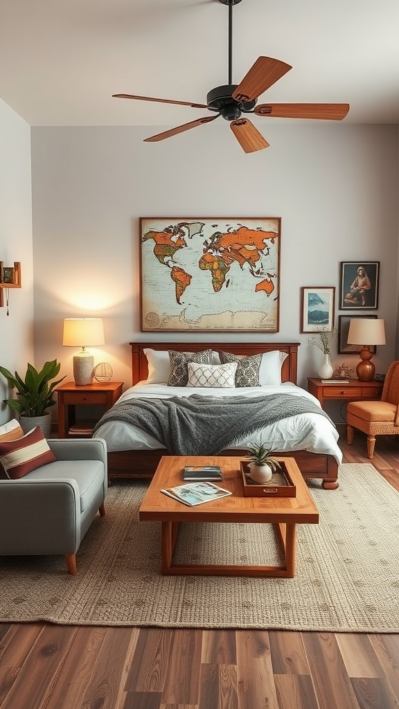 Cozy living room with a world map, wooden furniture, and travel-themed decor