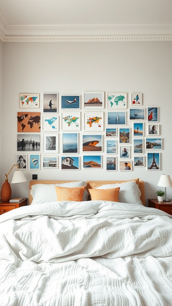A travel-themed bedroom with a gallery wall of framed photos and maps showcasing various destinations.