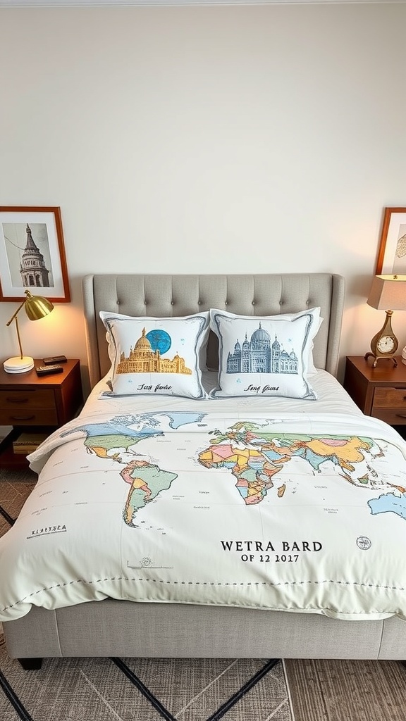 A cozy bedroom featuring globe-trotter bedding with a world map duvet cover and landmark pillows.