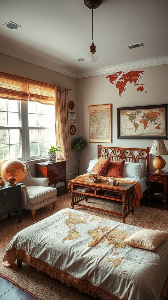 A cozy travel-themed bedroom featuring globes and maps decor, with a world map on the wall and a globe on a side table.