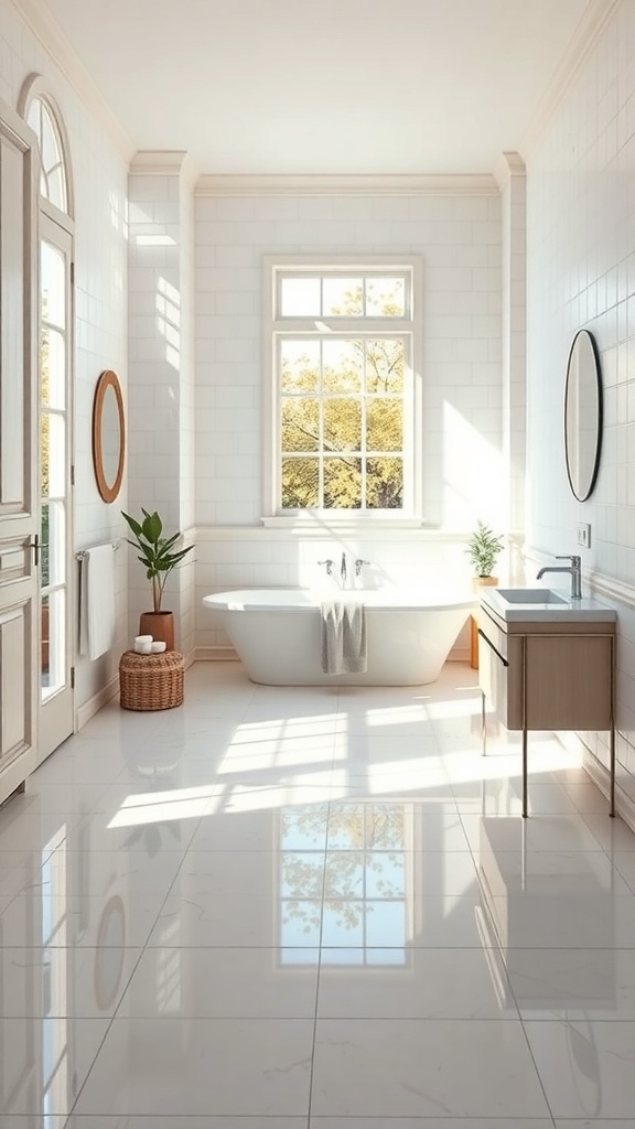 A bright bathroom with glossy tile flooring, a freestanding bathtub, and natural light coming through a window.